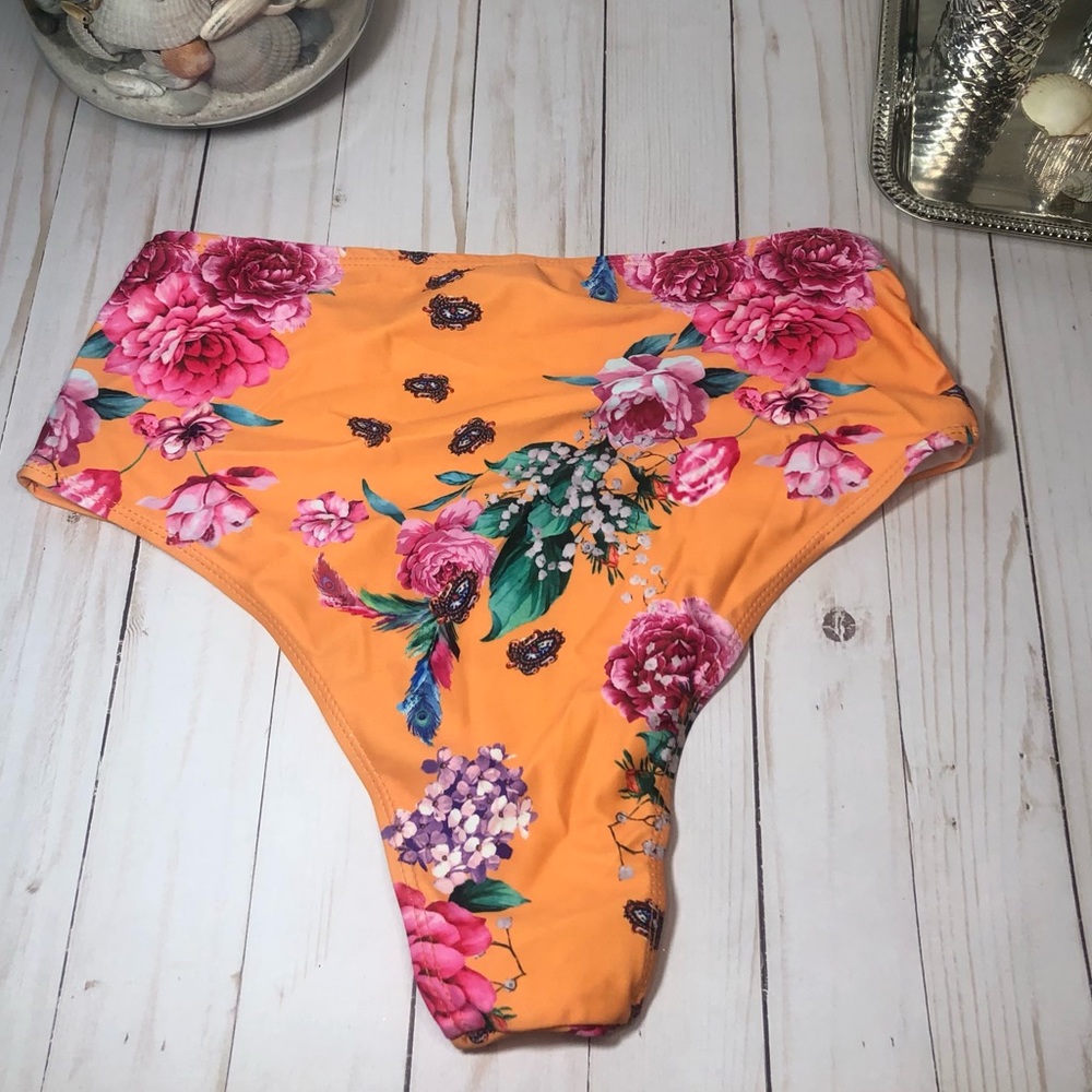 Orange Floral High Waist Bikini Bottoms - XL